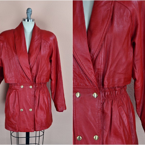 Women's Vintage 80s Cherry Red Leather Dolman Sleeve Collared Double Snap Button Fitted Elastic Waist Flare Jacket by G-III // XS S