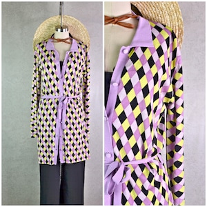 Women's Vintage Y2K Bonnie & Bill Lavender Black Chartreuse Diamond Harlequin Pattern Collared Button Down Tie Waist Duster Sweater // M/L