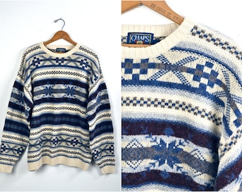 Men's Vintage 80s 90s Chaps Ralph Lauren Cotton Wool Blend Fair Isle Skiing Cream Blue Gray Pullover Crew Nick Sweater made in Hong Kong M