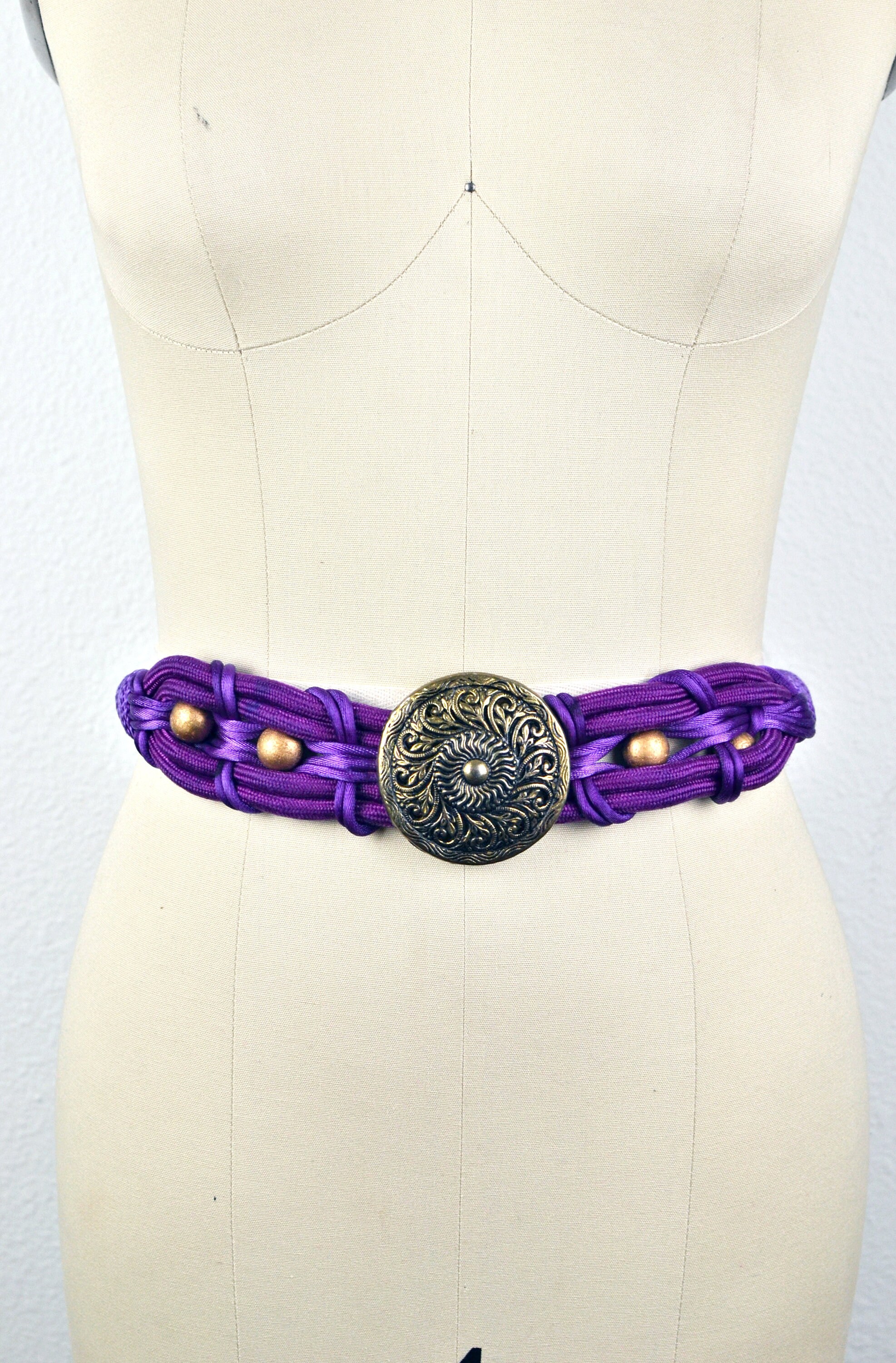 Vintage 80s Black Braided Rope Belt Silver Disc Flower Bead Hardware Boho 27\