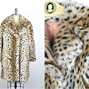 Women's Vintage 60s 70s Sears Tissavel France Pile 100% Acrylic Leopard Fuzzy Faux Fur Dress Swing Coat w/ Peach Satin Lining // Size S M image 1