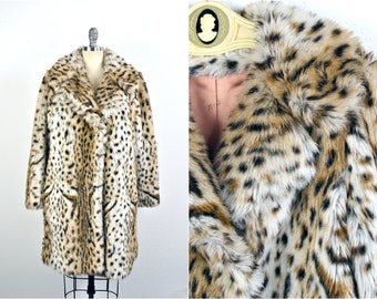 Women's Vintage 60s 70s Sears Tissavel France Pile 100% Acrylic Leopard Fuzzy Faux Fur Dress Swing Coat w/ Peach Satin Lining // Size S M