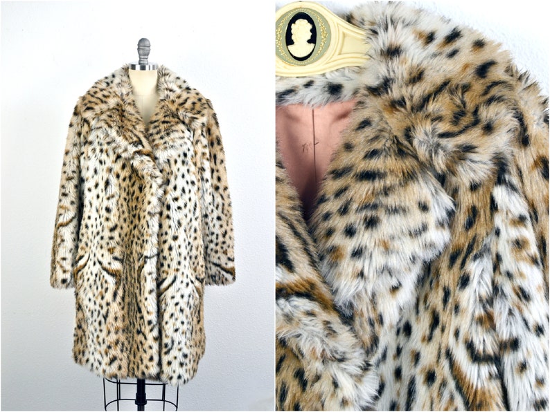 Women's Vintage 60s 70s Sears Tissavel France Pile 100% Acrylic Leopard Fuzzy Faux Fur Dress Swing Coat w/ Peach Satin Lining // Size S M image 1