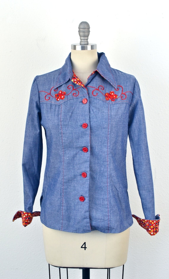 Women's Vintage 70s Blue Chambray Denim Look Long… - image 2