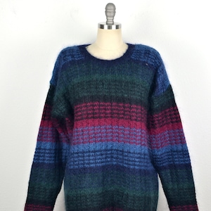 Women's Vintage 90s Paul Harris Preppy Fuzzy Acrylic Wool Mohair Dark Jewel Tone Striped Pullover Crew Neck Sweater // Size L image 3