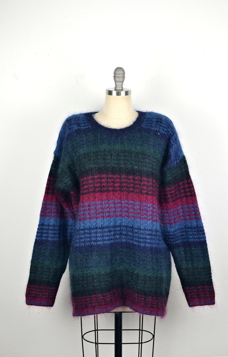 Women's Vintage 90s Paul Harris Preppy Fuzzy Acrylic Wool Mohair Dark Jewel Tone Striped Pullover Crew Neck Sweater // Size L image 3