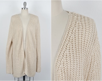Women's Vintage 90s Classic Beige Cream Chunky Open Knit Acrylic Wool Blend Long Cardigan Sweater by Country Shop // Size M