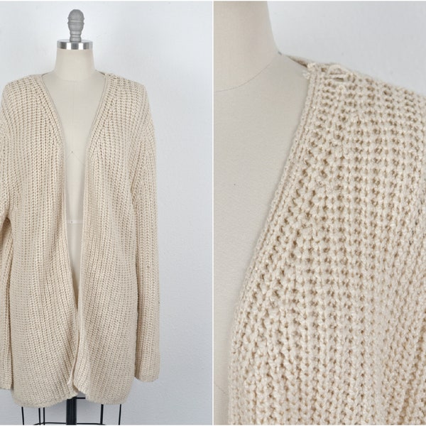 Women's Vintage 90s Classic Beige Cream Chunky Open Knit Acrylic Wool Blend Long Cardigan Sweater by Country Shop // Size M