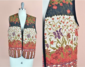 Women's Vintage 70s Boho Quilted Ethnic Art Nouveau Floral Print Sleeveless Open Front Vest by Fire Islander Made in USA // Size S M