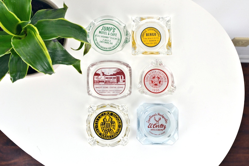 CHOOSE 1: Vintage 50s 60s 70s Mid Century Atomic Advertisement Glass Ashtrays Collection // Jump's Motel / Bingo / Cocktail Lounge / Bowling image 1