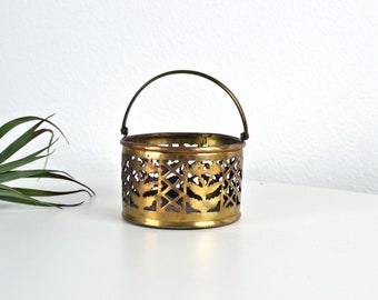 Vintage 70s Distressed Brass Metal Open Work Design Top Handle Mini Trinket Basket // Air Plant Holder Display // Made in India