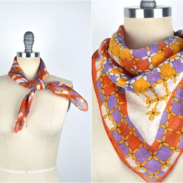 AS IS - Vintage 60s Mod Orange Purple Yellow Flower Power Diamond Lattice Sheer Square Head Neck Scarf 27"