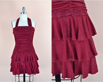 Women's Vintage Y2K Juniors Candie's Merlot Red Silver Glitter Ruched Stretch Layered Ruffle Mini Halter Tie Neck Cocktail Dress // S M