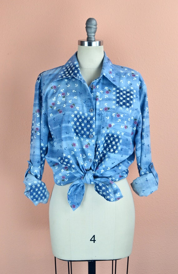 Women's Vintage 70s Groovy Blue Floral Cotton Ble… - image 3