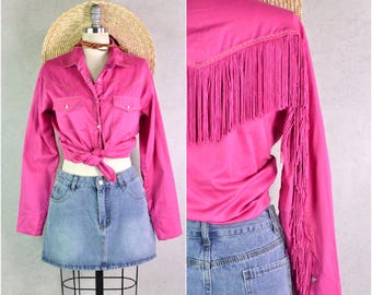 Women's Vintage 90s NWT Barbiecore Bright Pink Lime Green Stitched Cotton Fringe Pearl Snap Button Western Blouse by Adobe Rose // S
