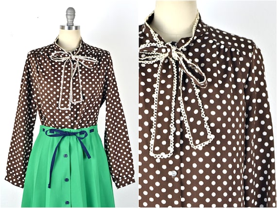 Women's Vintage 70s Mod Brown and White Polka Dot… - image 1