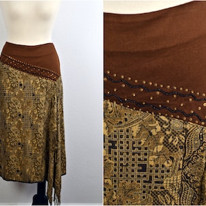 Women's Vintage Y2K Boho Hippie Low Rise Belly Dancing Brown Tan Asymmetrical Scarf Skirt with Fringe and Beads by Metro Style // Sz 14