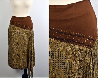 Women&#39;s Vintage Y2K Boho Hippie Low Rise Belly Dancing Brown Tan Asymmetrical Scarf Skirt with Fringe and Beads by Metro Style // Sz 14