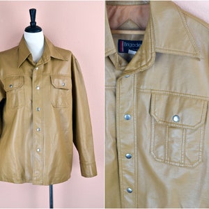 Men's Vintage 70s Distressed Camel Brown Tan Vegan Faux Leather Snap Button Blacksmith Collared Shirt Jacket by Brigade Arrow // Size M L