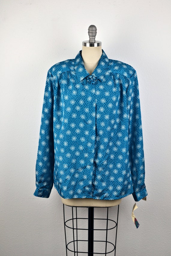 Women's Vintage 80s Teal and White Motif Polka Do… - image 2