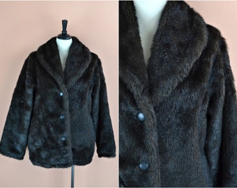 Women's Vintage 90s Machine Washable Tudor Court Haband Dark Brown Faux Fur Button Down Warm Winter Coat with Pockets // Size S M