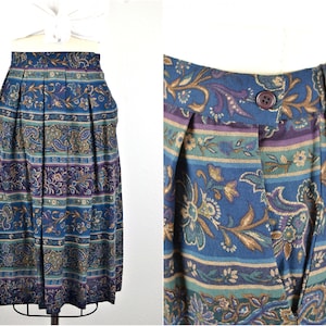 Women's Vintage 90s Koret Boho Dark Navy Blue Plum and Tan Paisley Rayon Floral High Waist Pleaded A Line Midi Skirt with Pockets // Size M