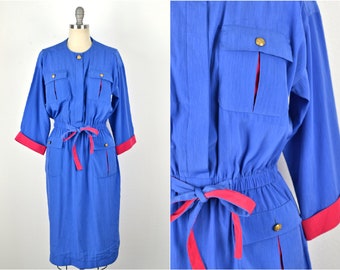 Women's Vintage 90s Minimalist Utility Jewel Tone Periwinkle Fuchsia Silky Color Block 3/4 Cuffed Sleeve Tie Waist Dress w/ Pockets // S