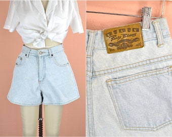 Women's Vintage 90s Paris Blues Distressed Light Acid Wash Cotton Denim High Waist Hipster Booty Shorts Made in U.S.A. // 28" Waist