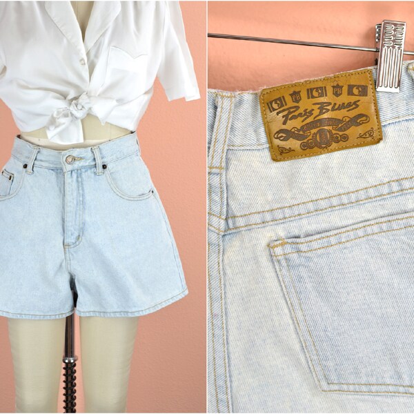 Women's Vintage 90s Paris Blues Distressed Light Acid Wash Cotton Denim High Waist Hipster Booty Shorts Made in U.S.A. // 28" Waist