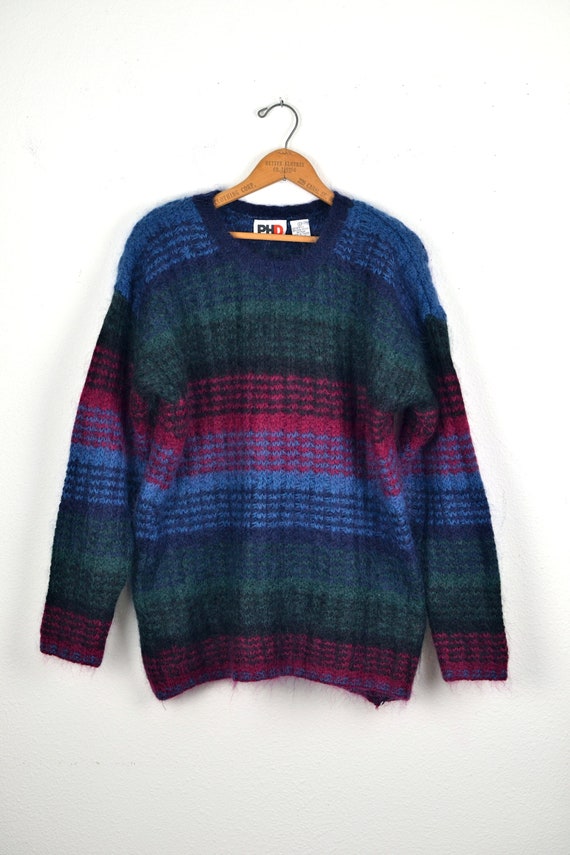 Women's Vintage 90s Paul Harris Preppy Fuzzy Acrylic Wool Mohair Dark Jewel Tone Striped Pullover Crew Neck Sweater // Size L