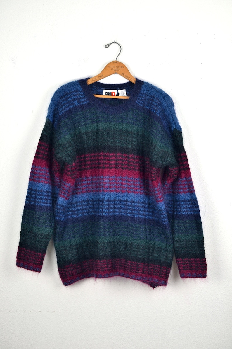 Women's Vintage 90s Paul Harris Preppy Fuzzy Acrylic Wool Mohair Dark Jewel Tone Striped Pullover Crew Neck Sweater // Size L image 1