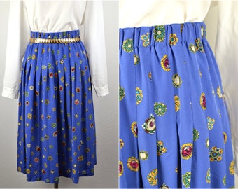 Women&#39;s Vintage 90s Periwinkle Purple Blue Jewel Tone Gemstone Novelty Print Elastic Waist Pleated A-Line Midi Skirt by Koret // 18 XL