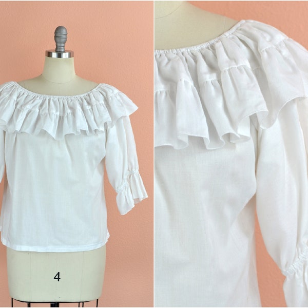 Women's Vintage 70s Boho Cotton/Poly Blend Off the Shoulder Ruffle Neck Peasant Blouse by Carefree Fashions Made in USA // Size S
