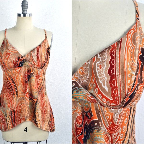 Women's Vintage Y2K MKM Designs Boho Orange Brown Glitter Paisley Shark Bite Asymmetrical Hem Tunic Spaghetti Strap Tank Top // Size L