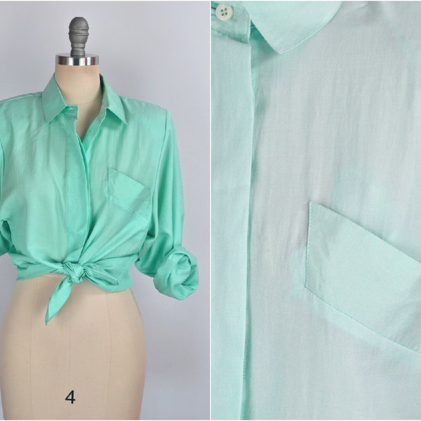 Women's Vintage 80s Pastel Aqua Blue Washable Silk/Poly Blend Short Sleeve Button Down Long Sleeve Blouse Made in Hong Kong by Chaus // S