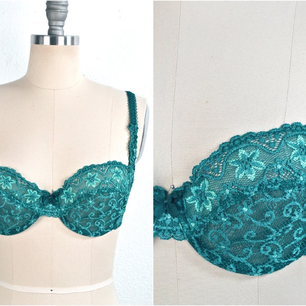 Women's Vintage 90s Passionata French Forest Teal Emerald Green Jewel Tone All Lace Underwire Bra Made in France // Size 34C