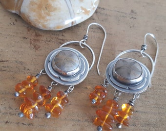 Sterling silver amber earrings, fossil earrings, sand dollars earrings, boho style, one of a kind earrings, artisan earrings