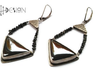 Sterling silver modern earrings with triangles hematites, geometric, rough natural black diamond, precious black stone, oxidized, rustic