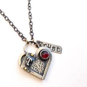 Rustic heart sterling silver pendant, Trust word pendant, letter T silver pendant, red garnet heart pendant, mantra jewelry, healing jewelry