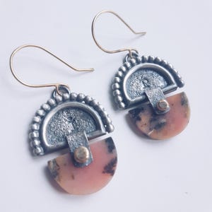 Pink peruvian opal hand stamped inner peace sterling silver and gold earrings