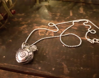 Cute swirl silver pendant, sterling silver swirl pendant, fine silver, moonstone bead pendant, artisan jewelry, OOAK small moonstone pendant