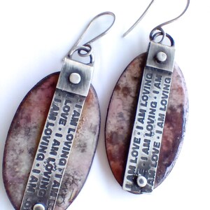Enamel burgundy color and sterling silver LOVE earrings, one of a kind affirmation jewelry