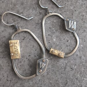 worthy of love sterling silver earrings, asymetrical fun mix metal earrings, affirmation sterling silver earrings, self-love earrings