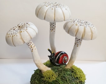 Handmade Polymer Clay Mushroom and Painted Snail Light Lamp Figurine