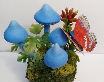 Handmade Polymer Clay  New Zealand Blue Pinkgill Mushrooms with Butterfly Light Lamp Figurine
