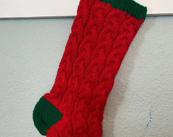 Red and Green Cable Knit Stocking - Handknit