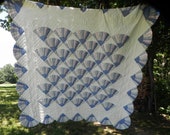 Quilt Fan Pattern Hand Stitched Feedsack Country Blue Pink Green