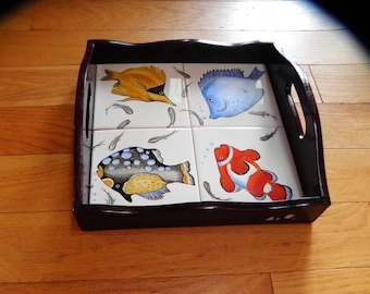 Serving Tray - Wood & Tile With Handles - Fish - Sushi Tray