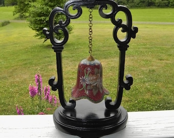 Cloisonne Chinese Hanging Bell with Wooden Display Stand