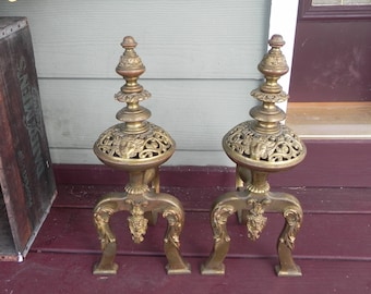 Brass Andirons / Fire Dogs Victorian Urn Style With Lion Heads & Cherub